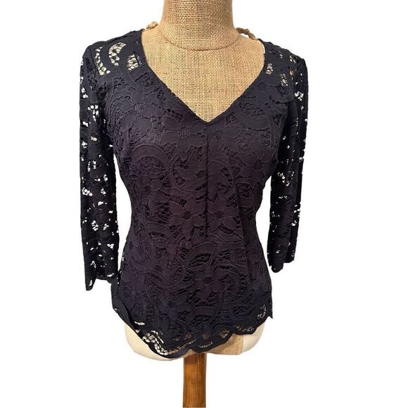 Nanette Leopore navy blue lace 3/4 sleeve  top sz Small NEW - Picture 1 of 8